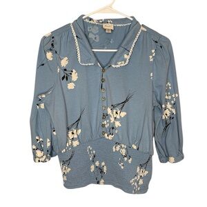 Maeve Blue Floral Blouse with White Accents